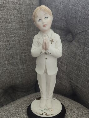 Signed Porcelain First Communion Praying Boy Figurine with Capodimonte Base Mark